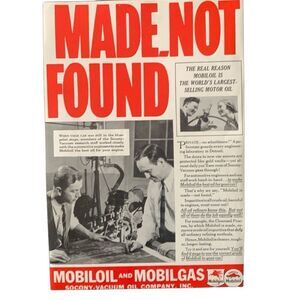 Vintage 1937 Mobil Oil Mobil Gas Made Not Found Ad Advertisement